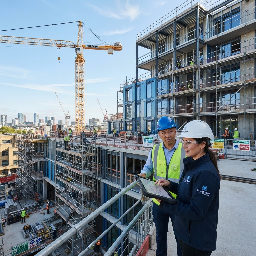 Obra de construção e reforma com andaimes